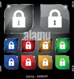 closed lock icon sign. Set of ten colorful buttons with glare. Vector Stock Vector