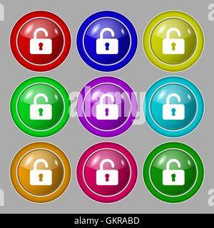 Open Padlock icon sign. symbol on nine round colourful buttons. Vector Stock Vector