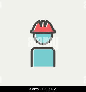 Worker wearing hard hat thin line icon Stock Vector