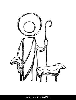 Hand drawn vector illustration or drawing of Jesus Christ Good Shepherd Stock Photo