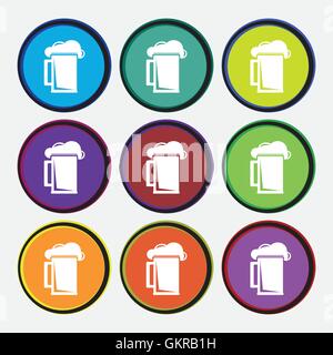 glass of beer icon sign. Nine multi colored round buttons. Vector Stock Vector