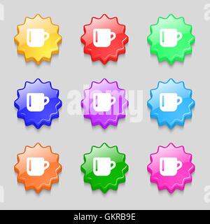 cup coffee or tea icon sign. symbol on nine wavy colourful buttons. Vector Stock Vector