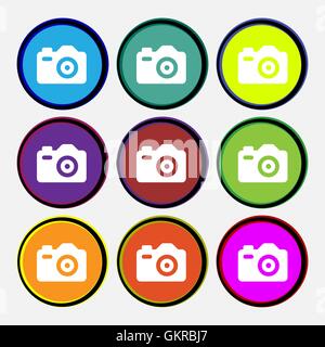 Photo Camera icon sign. Nine multi-colored round buttons. Vector Stock Vector