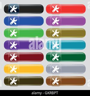 screwdriver, key, settings icon sign. Big set of 16 colorful modern buttons for your design. Vector Stock Vector