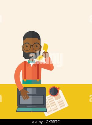 African Office man sitting at his working desk. Stock Vector