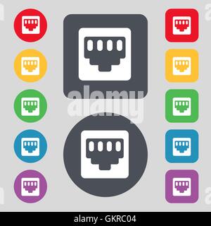 cable rj45, Patch Cord icon sign. A set of 12 colored buttons. Flat design. Vector Stock Vector