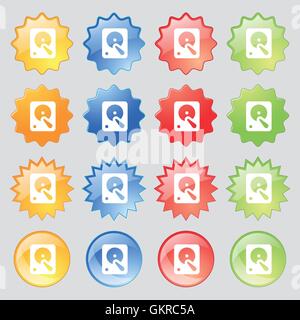 hard disk icon sign. Set from fourteen multi-colored glass buttons with place for text. Vector Stock Vector