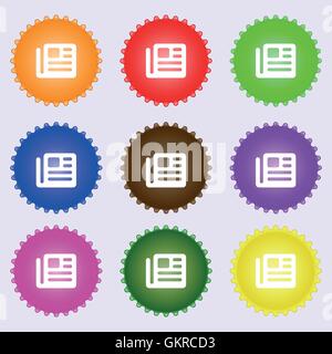 book, newspaper icon sign. A set of nine different colored labels. Vector Stock Vector