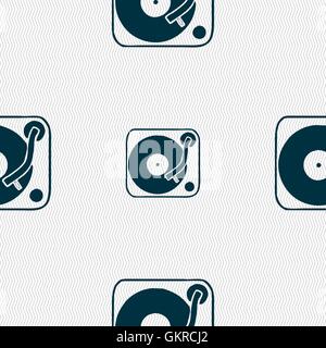 Gramophone, vinyl icon sign. Seamless pattern with geometric texture. Vector Stock Vector