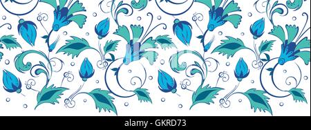 Vector blue green swirly flowers horizontal border seamless patt Stock Vector