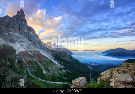 The Rolle Pass (Italian: Passo Rolle) at sunrise, Trentino, Italy Stock Photo