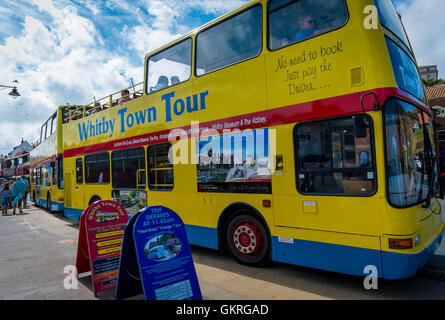 Yellow open topped double decker buses which take  tourists on a tour around  Whitby fleet increased from one bus to two in 2016 Stock Photo