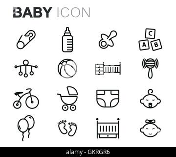 Vector black line baby icons set on white background Stock Vector