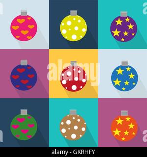 Christmas icons set decorated with ornaments and colored Stock Vector