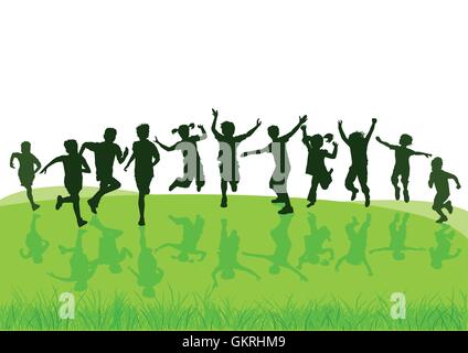 children jump and frolic in the meadow Stock Vector