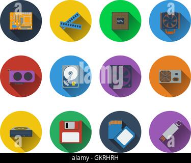 Set of computer hardware icons in flat design Stock Vector