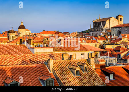 Dubrovnik, Croatia. Sunset golden light over Old Town roofs of Ragusa (Duvrovnik). Stock Photo