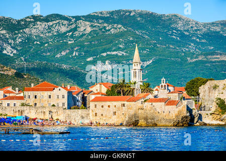 Budva, Montenegro. Ancient walls and tiled roof of old town. Budva - one of the best preserved medieval cities in the Mediterran Stock Photo