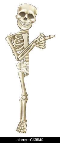 A happy skeleton cartoon character peeping around the side of a sign and pointing at it Stock Photo