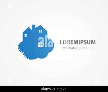 Small blue house on the cloud. Home cleaning or deleivery company business logo. Vector element, icon Stock Vector