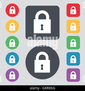 closed lock icon sign. A set of 12 colored buttons. Flat design. Vector Stock Vector
