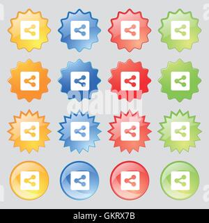 Share  icon sign. Set from fourteen multi-colored glass buttons with place for text. Vector Stock Vector