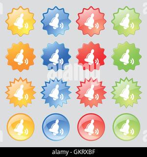 Bell  icon sign. Set from fourteen multi-colored glass buttons with place for text. Vector Stock Vector