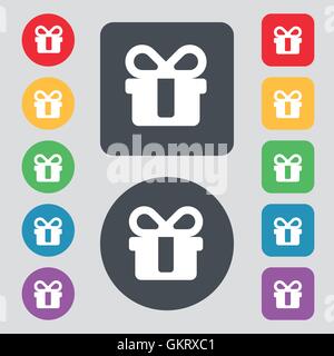gift icon sign. A set of 12 colored buttons. Flat design. Vector Stock Vector