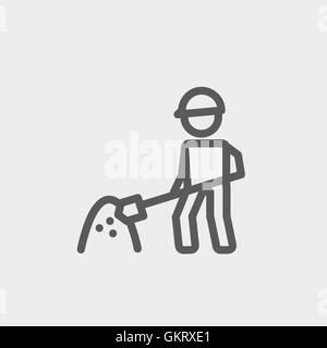 Worker with hard hat and shovel in building site thin line icon Stock Vector