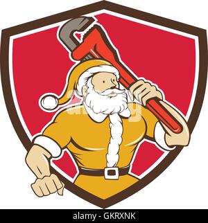 Santa Claus Plumber Monkey Wrench Shield Cartoon Stock Vector