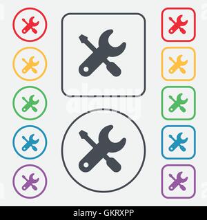 screwdriver, key, settings icon sign. symbol on the Round and square buttons with frame. Vector Stock Vector