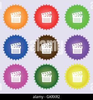 Cinema Clapper icon sign. A set of nine different colored labels. Vector Stock Vector