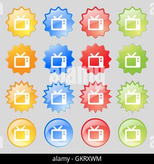 Retro TV icon sign. Set from sixteen multi-colored glass buttons with place for text. Vector Stock Vector