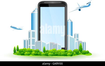Touch Screen Smart Phone with City and Airbuses around. Isolated Stock Vector