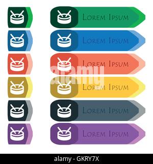 drum icon sign. Set of colorful, bright long buttons with additional small modules. Flat design Stock Vector