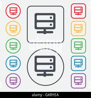 Server icon sign. symbol on the Round and square buttons with frame. Vector Stock Vector