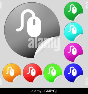 Computer mouse icon sign. Set of eight multi-colored round buttons, stickers. Vector Stock Vector