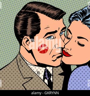 Sad man with traces of a kiss on the face and woman style art po Stock Vector