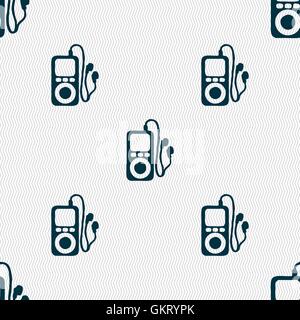 MP3 player, headphones, music icon sign. Seamless pattern with geometric texture. Vector Stock Vector