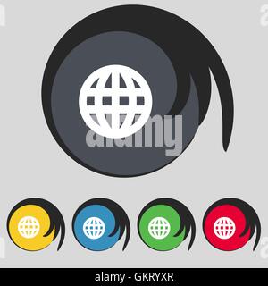 Globe, World map geography icon sign. Symbol on five colored buttons. Vector Stock Vector