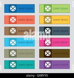 film icon sign. Set of twelve rectangular, colorful, beautiful, high-quality buttons for the site. Vector Stock Vector