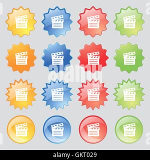 Cinema Clapper icon sign. Set from fourteen multi-colored glass buttons with place for text. Vector Stock Vector