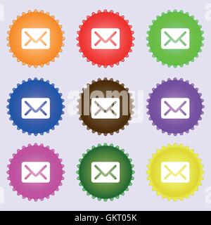 Mail, envelope, letter icon sign. A set of nine different colored labels. Vector Stock Vector