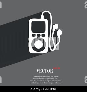 MP3 player, headphones, music icon symbol Flat modern web design with long shadow and space for your text. Vector Stock Vector