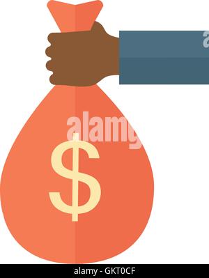 Black hand holding a bag with money. Stock Vector