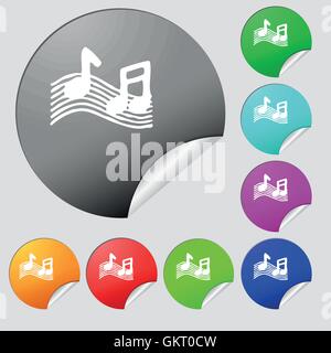 musical note, music, ringtone icon sign. Set of eight multi colored round buttons, stickers. Vector Stock Vector
