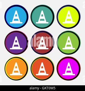 road cone icon sign. Nine multi-colored round buttons. Vector Stock Vector