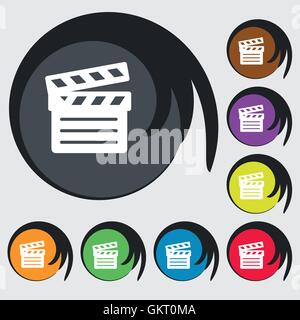 Cinema Clapper icon sign. Symbol on eight colored buttons. Vector Stock Vector