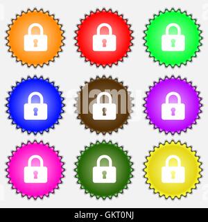 Pad Lock icon sign. A set of nine different colored labels. Vector ...