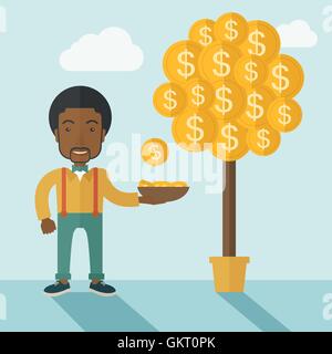 Successful African businessman standing while catching a dollar coin from money tree. Stock Vector